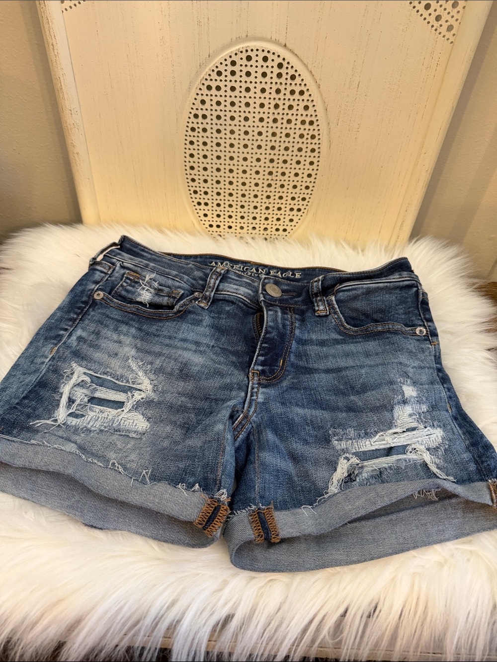 American Eagle Outfitters Ripped Dark Blue Denim Shortalls